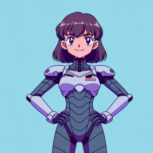 1990s anime screencap, girl a plugsuit, standing with hands on h...