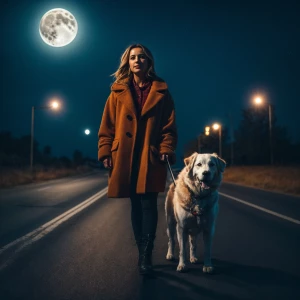 A middle age girl with a dog in the middle of the road night tim...