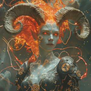 A fearsome Aries space-core female vampire-zodiac hybrid, exudin...