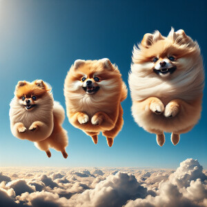 Three Pomeranians flying in the sky