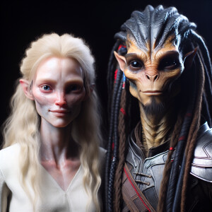 A Na'vi female with blonde hair smiling with male Na'vi warrior...