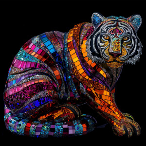 A Tiger Sculpted from Differently Colored Crystals and black Oni...