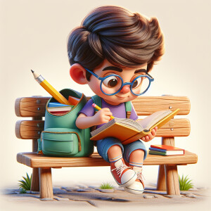 A boy sitting in a bench and studying. In disney pixar style ima...