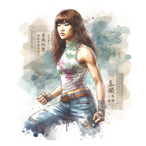 Athletic Thin skinny Attractive, Asian teenage girl, long brown hair and bangs, wearing tight skinny jeans and a halter top paint marks on her clothing, heroic pose Asian graffiti background, side view