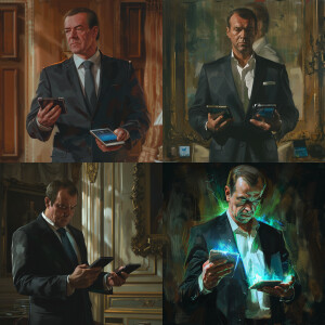 Dmitry Medvedev holds two Alexas in hands, —ar 1920x960