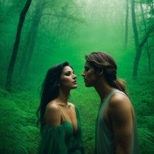 Green screen back ground, in forest, fog, 3 Angel, brunette, wan...