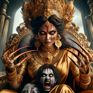 portrait of extremely angry looking goddess durga cosplayer sitting on a gold crown and carrying a weak mahishasur on her lap and poking him with her amazingly long red fingernails. She is wearing gold armor, a huge gold crown, gold saree, abundant  gold jewelry, covered in blood. The scene is set in ancient India. The image is 8K resolution, cinematic, photography, ultra detailed face and epic.