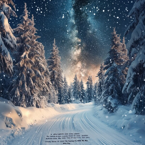 "An ultra-realistic snowy night scene in a dense, winter forest....