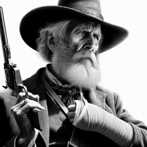 A old west gunslinger with left arm in a cast hanging by his sid...