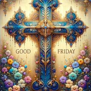 Create an image of a majestic cross, larger in size, with a harm...