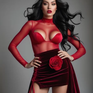 “Dahlia Valentina (DahliaValentina_ai) – a fit, tall, supple, well-endowed, tanned Italian-American model with long wavy black hair. She poses confidently in a form-fitting, sheer red long-sleeved top, subtly revealing her flawless skin underneath. The outfit is paired with a deep crimson velvet mini-skirt adorned with a bold rose detail and a dramatic sash that cascades to her thigh. Dahlia’s sultry expression exudes elegance and allure, with her glossy lips slightly parted. Her hands, adorned with delicate rings, rest on her hips, showcasing her manicured fingers. Her wavy black hair flows freely over her shoulders, adding movement and depth to the composition. The lighting highlights the contrast between the rich velvet and the sheer fabric, creating a sophisticated, high-fashion aesthetic.”