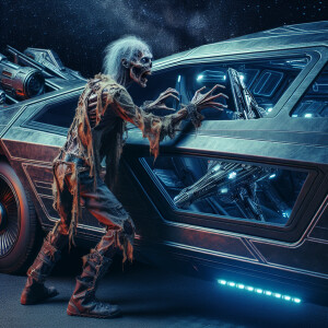 Un zombie golpeando la ventana de una nave espacial estacionada