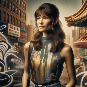 Athletic Thin skinny Attractive, Asian teenage girl, long brown hair and bangs, wearing tight skinny jeans and a halter top paint marks on her clothing, heroic pose Asian graffiti background, side view