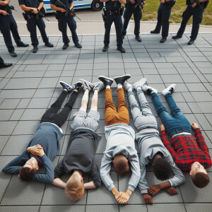 6 white male teens, laying face down on the ground on a side wal...