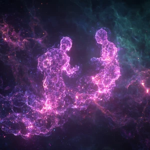 full body photograph of two amorphous figures composed of swirli...