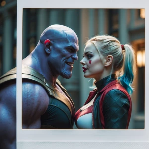 Thanos and Harley Quinn look at sensually