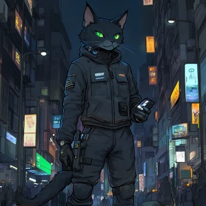 A humanoid cat character stands in a bustling cityscape at night...