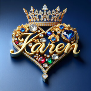 Craft a 3-D image showcasing the name 'KAREN' in a luxurious gol...