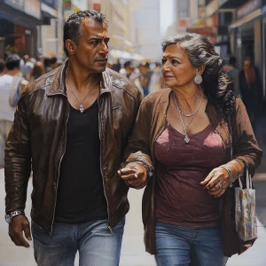 Photorealism,a bodybuilder man ,walking with his 50 years old at...