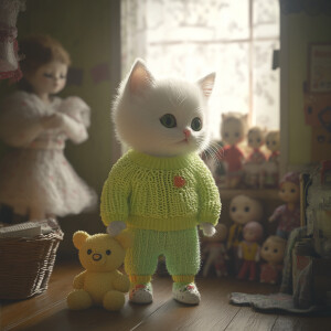 little white kitten wearing a neon green sweater wearing trainin...