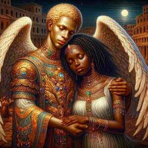 Create an oil painting image featuring a male angel and a grievi...