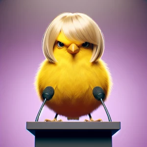 3d art : a canary, yellow fur, sinister expression, bob blonde h...