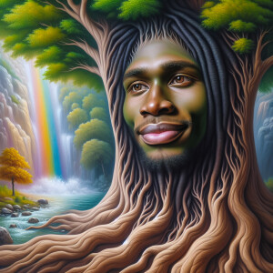 A hyper-realistic 3-D oil painting depicting a tree integrated w...