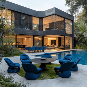 A luxurious modern house with a stylish backyard featuring a cir...