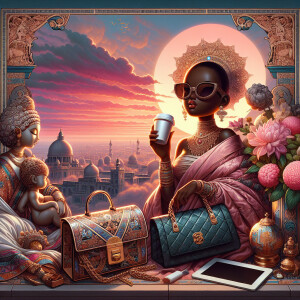 Illustrate a luxurious morning scene featuring a pink sunrise ov...