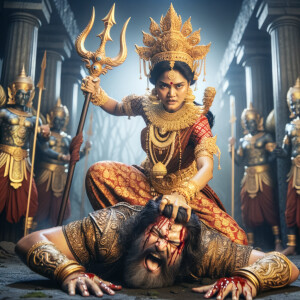 portrait of angry looking, indian goddess cosplayer straddling a defeated mahishasur, while he is lying on the ground and she stabs him with her trident. She is wearing a huge gold crown, red saree, abundant  gold jewelry, covered in blood. The scene is set in ancient India. The image is 8K resolution, cinematic, photography, ultra detailed face and epic.