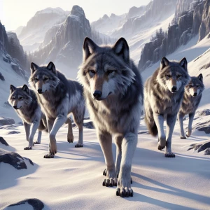 A pack of wolves trekking through a snowy mountain landscape, th...