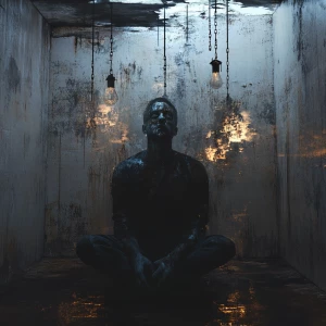 "Create a highly detailed, surreal portrait of a man in a neglec...