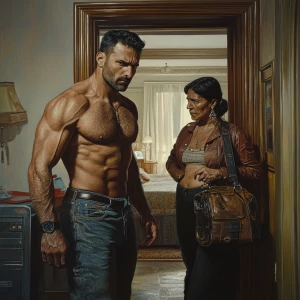 Photorealism,realism style, a muscular, sweaty man entering a Ne...