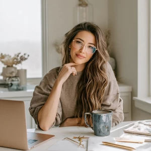 Female entrepreneur at her chic home office desk, 11oz ceramic m...