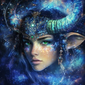 Create an image of a Taurus goddess with green eyes and head jew...