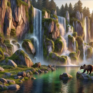 a bear and waterfall