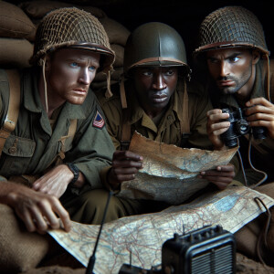 Photorealistic 3 world war two soldiers sitting together in a fo...