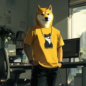 DOGE meme.,stand in office, dressed in a yellow t-shirt and blac...