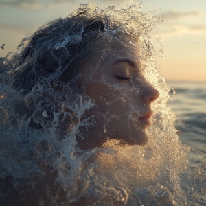 A woman’s face merging with the ocean, her hair turning into rea...