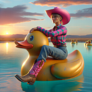 Photorealistic image. cowgirl in pink hat riding something funny