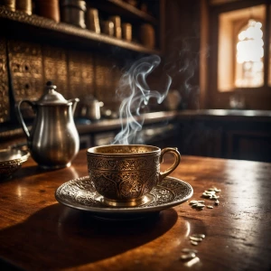 An intricately designed, shattered ancient Arabic cup, brimming...