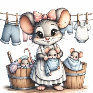 A picture of a cute mother mouse with big eyes, wearing an apron and a bow on top of her head, she is  hanging laundry on the clothing line wich has 2 mouse babies hanging from the line wrapped in a blanket and held by clothing pins on the line. The laundry line has baby shirts hanging from it. Full shot. watercolour illustration with pencil outline