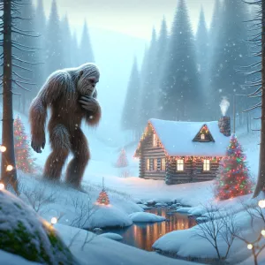 A humanoid hair covered sasquatch looking at.a cabin in the wood...