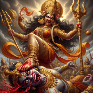 photograph of angry looking, indian goddess trampling a defeated...