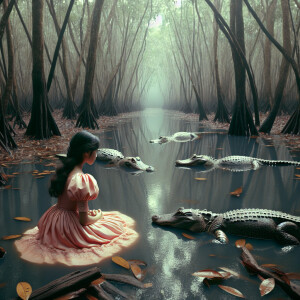 a young child in close proximity to three alligators in a swampy...