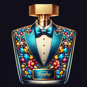 Create a blue and gold cologne bottle in the shape of a tuxedo w...