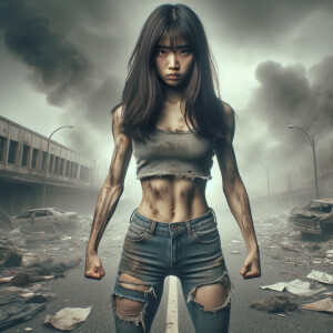 Skinny and thin Asian teen girl wearing skin tight jeans that are worn and frayed, long hair and bangs heroic ready to fight stance