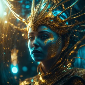 A majestic extraterrestrial with shimmering golden skin, crackli...
