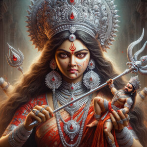 portrait of angry looking goddess durga  carrying a short mahishasur in her two arms and stabbing him with her amazingly designed trident. She is wearing a huge silver crown, red saree, abundant silver jewelry, covered in blood. The scene is set in ancient India. The image is 8K resolution, cinematic, ultra detailed face and epic.