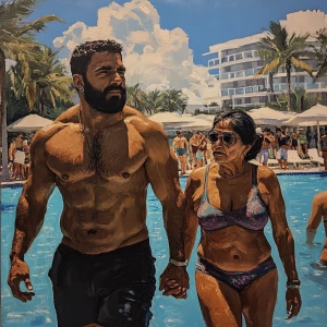 Realism,a man muscular beefy sweaty walking with a woman(his 50...